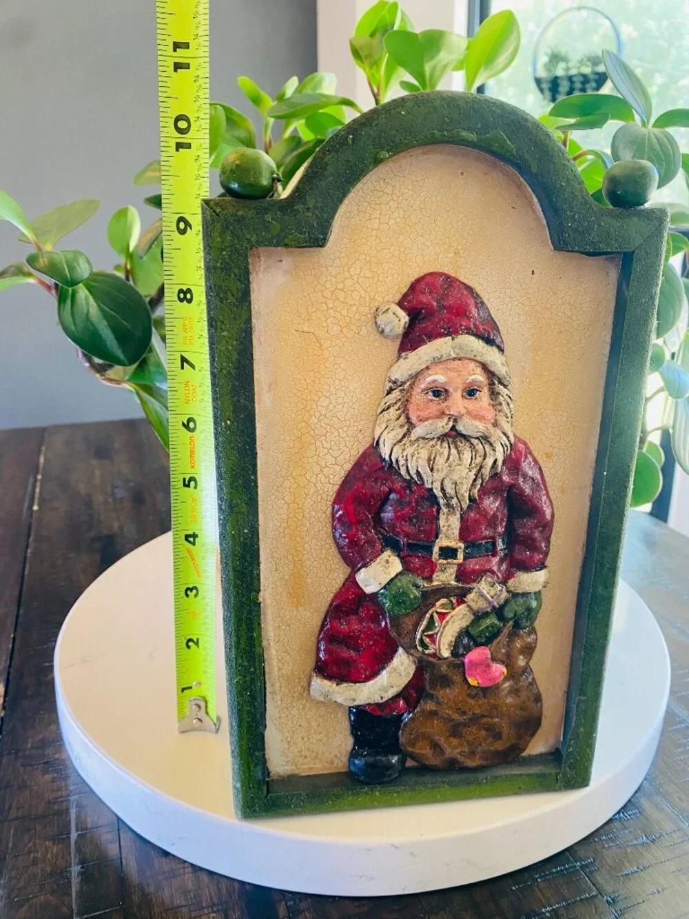 Vintage Crackle Green Wood Santa Carrier Box Wire Handle Farmhouse Christmas